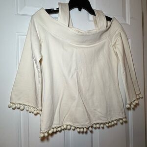 Boston Proper Ivory Cold / Off Shoulder Blouse Pom Pom Accent XS BOHO Fun Cotton